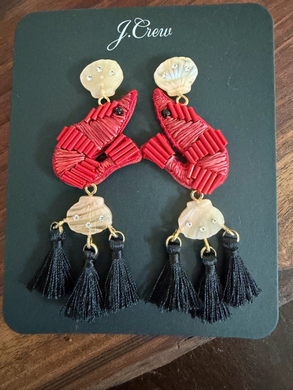 J. Crew Red Shrimp Drop Earrings with Black Tassels